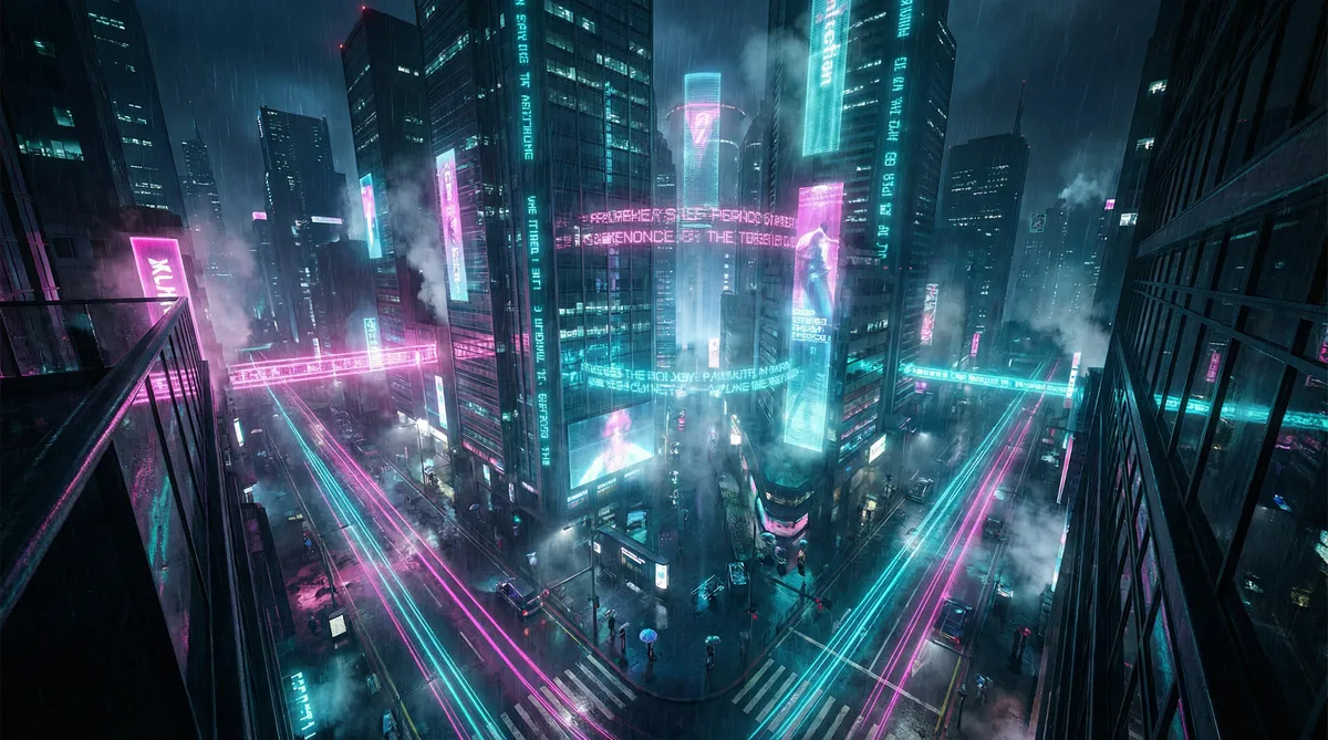 铼矿 竖屏短剧平台首页背景 - 赛博朋克都市夜景